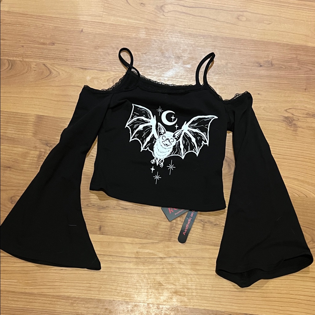 Goth Black Cold Shoulder Top S With Bat Bell Sleeves Nwt